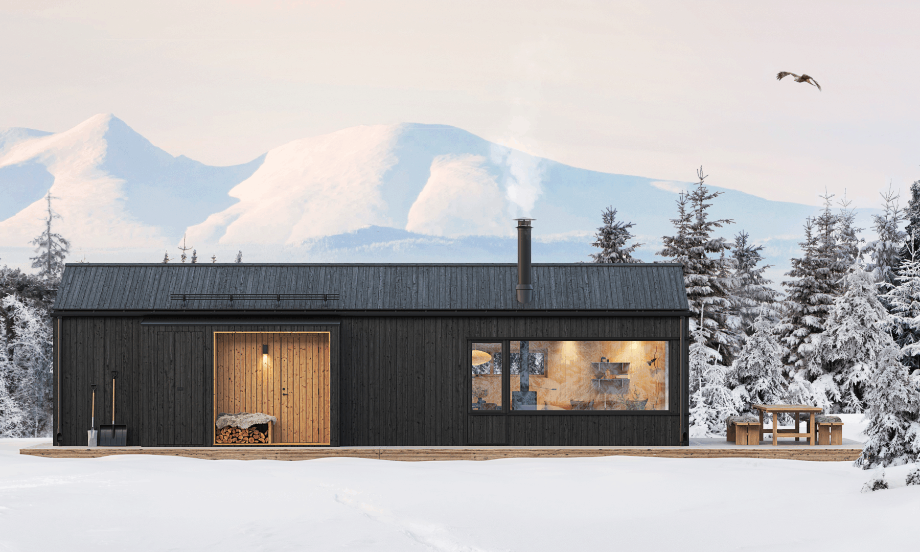 Svart fjellhytte på 50 kvm